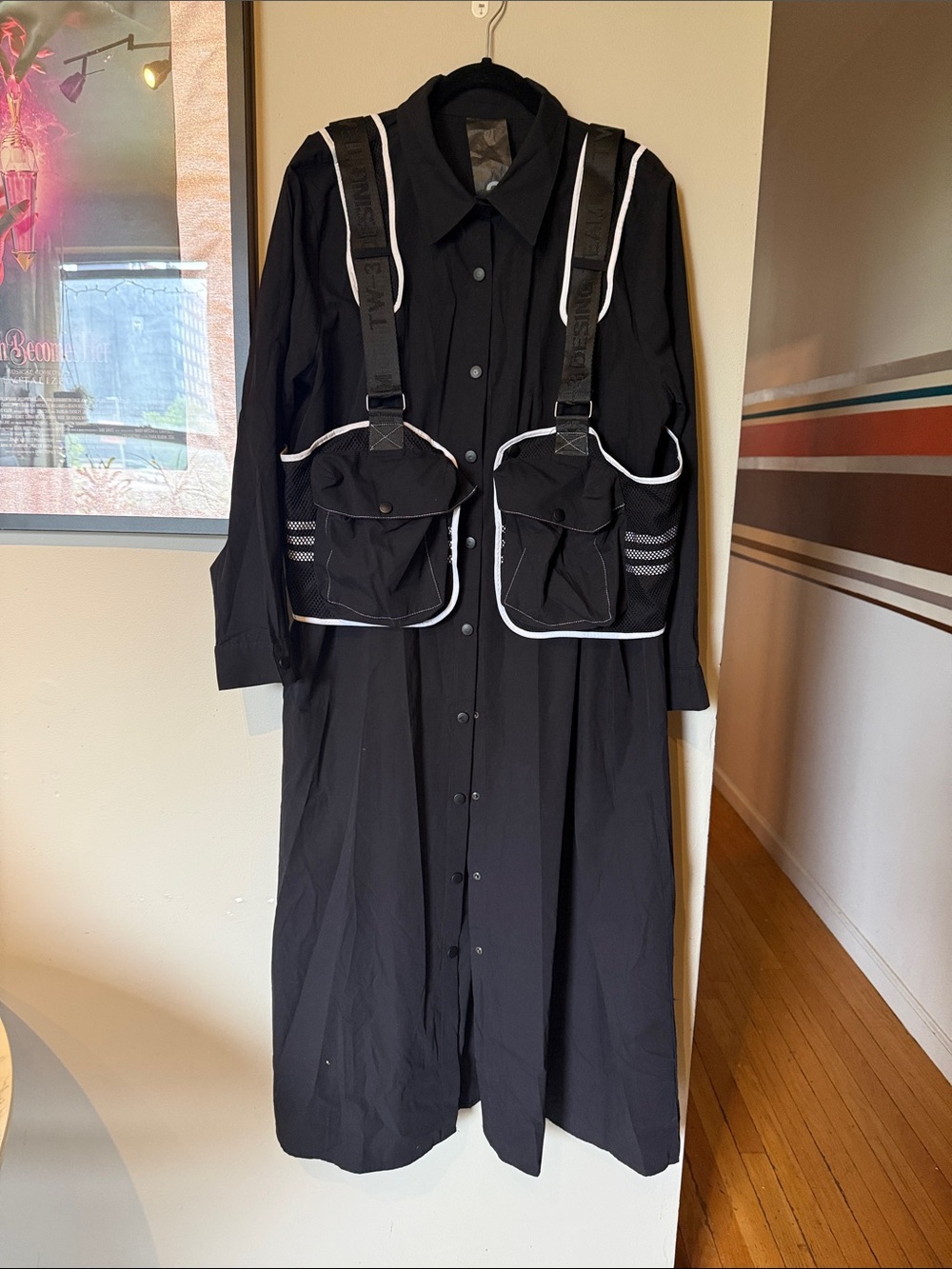 Source Unknown Black Maxi Shirt Dress with Utility Vest Detail